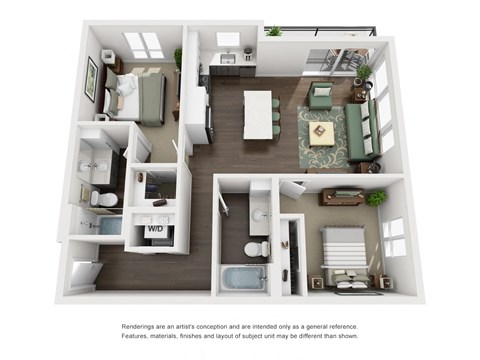 Floor plan for 2 beds, 2 baths, 971 sqft